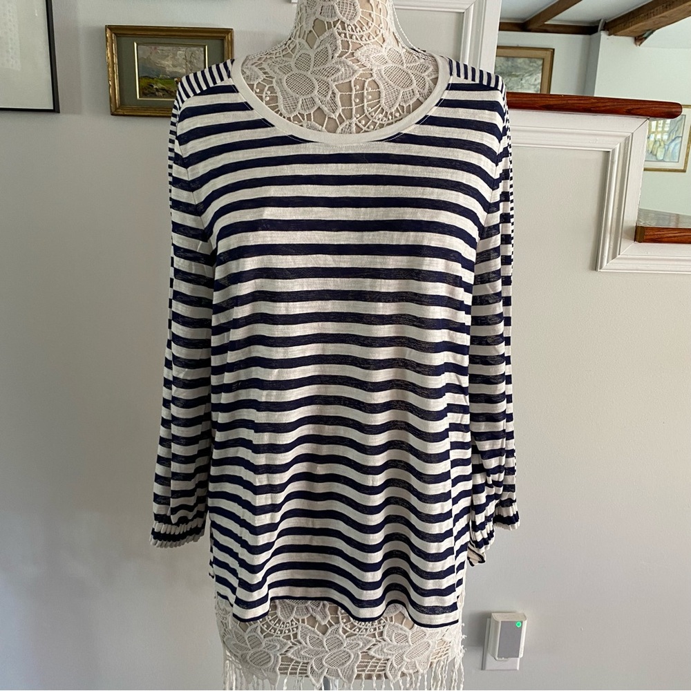 KOBI HALPERIN Navy & White Striped Top Large